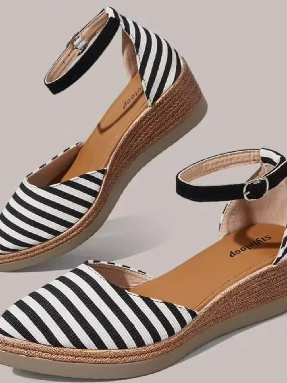 Striped Black and White Espadrille Wedge Sandal - Women